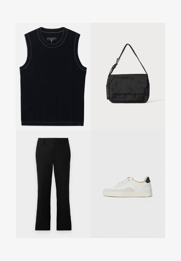 Zwart mouwloos topje van ribbenstof, met een ronde halslijn en een nette zoom. Subtiele contrastrand langs de halslijn.; Zwarte uitlopende broek van een katoenmix, voorzien van een knoopsluiting, riemlussen en een gladde textuur zonder zichtbare patronen.; Witte sneaker met suède accenten, ronde neus, platte veters en een crème rubberen zool. Bevat groene branding op de hiel.; Zwarte nylon schoudertas met een platte vorm, voorzien van een klep-sluiting, twee ronde knopen en een geweven schouderriem. Merktag zichtbaar.