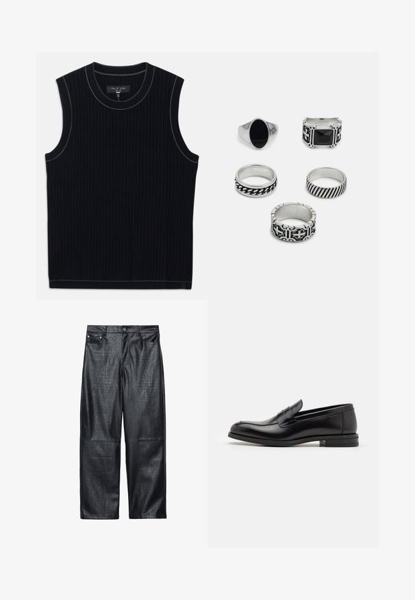 Sort udenærmet top lavet af ribbet stof, med en rund halsudskæring og ren forkant. Diskret kontrastkant langs halsudskæringen.; Sorte faux læder bukser med bred ben, der har en krokodilletekstil, traditionel fem-lomme design samt detaljer i sølvfarvet knap og nitter.; Sorte læderloafers med en glat overflade, rund tå og en dekorativ strop over vampen. Lav hæl med stabeldesign, minimalistisk stil.; Sæt af fem ringe: en sølv signetring med sort sten, fire metalliske bånd med forskellige mønstre, herunder flet- og stribede designs.