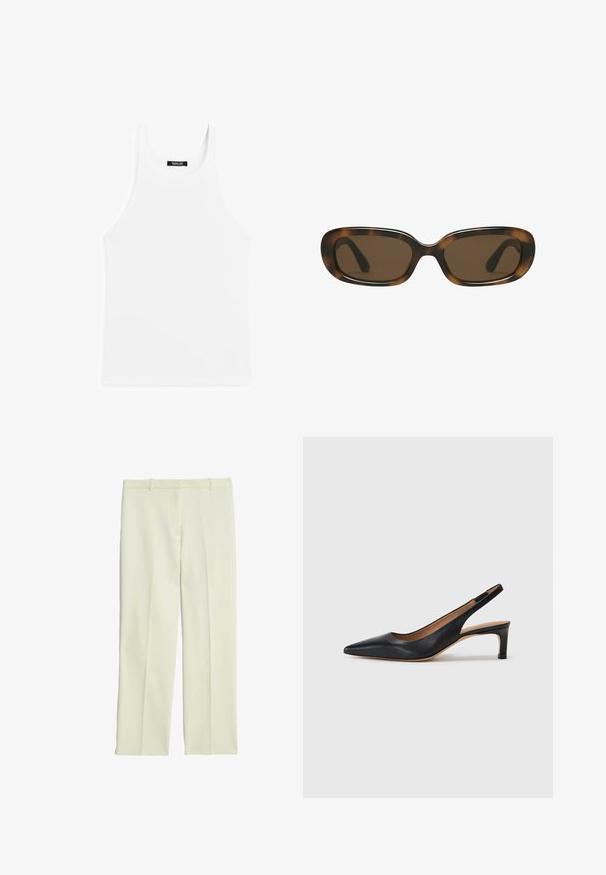 Hvid bomulds tanktop med ribbet tekstur, rund halsudskæring og brede skulderstropper. Etiketten er placeret bagpå inde i halsudskæringen.; Cremefarvede skræddersyede bukser med lige ben, der har en glat front, bæltestropper og en glat tekstur.; Sort læder slingback pumpe med spids tå, lav hæl og en glat overflade. Har en tynd justerbar rem for en sikker pasform.; Skildpadde-mønstret solbriller med en glat, afrundet rektangulær ramme og brune linser. Har tynde, buede arme med en blank overflade.; Tommy Hilfiger CASUAL SHOULDER BAG - Håndtasker - coastal taupe