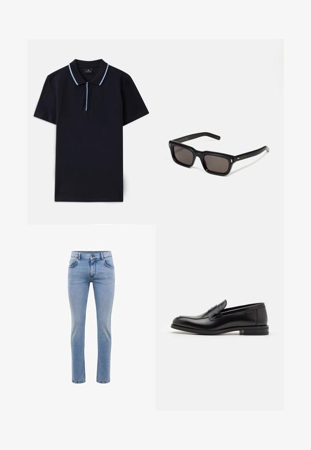 Tumesinine polo-särk, mis on valmistatud puuvillast, klassikalise kraega ja kontrastsete helesiniste triipudega krael ja nööpide ningotuses.; Heledad sinine denimist teksapüksid, kitsas lõige, viie taskuga ja sirge jalaga disain. Omab tõmblukkuga lukkuklappi ja vöörihmasid. Pehme tekstuur.; Mustad mustad nahast loafers sileda tekstuuriga, ümarat ninaosa ja dekoratiivne riba vampi üle. Madal kihiline konts, minimalistlik disain.; Mustad mustakorruselised prillid tumedate läätsedega, paks plastikraam, kuldsed aksendid templites ning kaubamärgi logo graveeritud käe lilla.