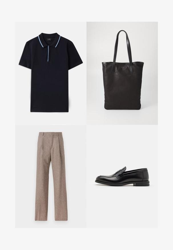 Tamsiai mėlynas polo marškinėlis, pagamintas iš medvilnės, su klasikiniu apykaklėliu ir kontrastingomis šviesiai mėlynomis juostelėmis aplink apykaklaitį ir mygtukų juostą.; Rudos, aukšto liemens kelnes, pagamintas iš tekstūruotos medžiagos. Plati kojos, dvi priekinės klostės struktūrai. Tvarkingas apdailos darbai, be matomų detalių.; Juodos odinės loafers, turinčios lygų paviršių, apvalią noselę ir dekoratyvinę juostą per priekinę dalį. Žemas krentantis kulnas, minimalistinis dizainas.; Juodas drobės pirkinių maišelis su juodais odiniais rankenomis. Paprastas dizainas, erdvus kūnas ir lygus paviršius. Nėra matomų logotipų ar raštų.