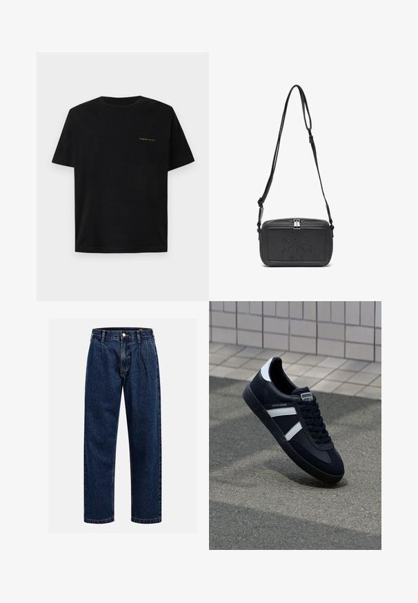 T-shirt di cotone nero, maniche corte, collo a giro, con piccolo testo verde sulla parte sinistra del petto, texture liscia.; Jeans in denim blu scuro con design a gamba dritta. Presentano cuciture visibili, una chiusura con bottone e pieghe frontali per un tocco di dettaglio in più.; Sneaker neri in pelle con strisce bianche, suola in gomma texturizzata e allacciatura frontale. Presenta un'etichetta con il marchio sulla linguetta.; Borsa a tracolla nera in pelle con chiusura zip, logo impresso sul davanti e tracolla regolabile. Texture liscia con forma rettangolare.