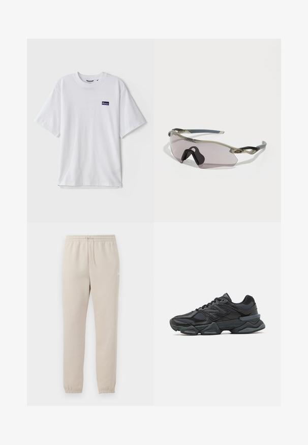 Camiseta de algodão branca com decote redondo, mangas curtas e um retângulo de logótipo azul-marinho no lado esquerdo do peito.; Calças de moletom em bege claro, feitas de um tecido suave, com uma cintura elástica, cordão ajustável e punhos ajustados nos tornozelos.; Sapato de corrida preto com uma combinação de malha e materiais sintéticos, sola robusta, design curvado e uma marca de destaque na lateral.; Óculos de sol com uma armação cinza translúcida, lentes com tonalidade e design angular. Apresenta um suporte nasal distinto e hastes em cinza escuro texturizado.
