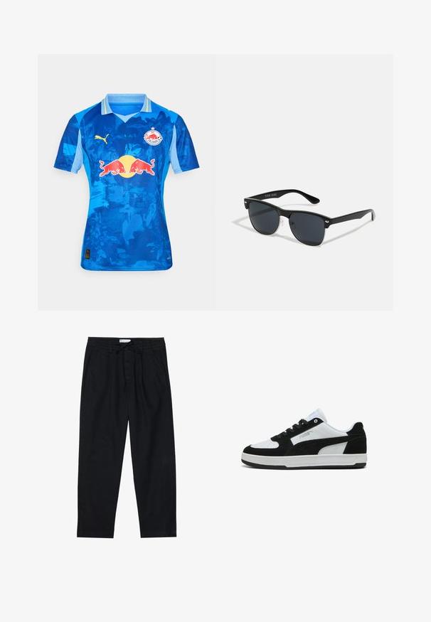 Maglietta da calcio blu con un design a gradiente, logo Puma sul petto a sinistra e logo Red Bull al centro. Maniche corte e colletto classico.; Pier One Chino - black; Sneaker bianco e nero con tomaia in suede e pelle, caratterizzate da una punta forata, chiusura con lacci e suola in gomma.; Occhiali da sole neri con forma rettangolare, lenti scure, dettagli in argento alle tempie e finitura opaca sulla montatura.