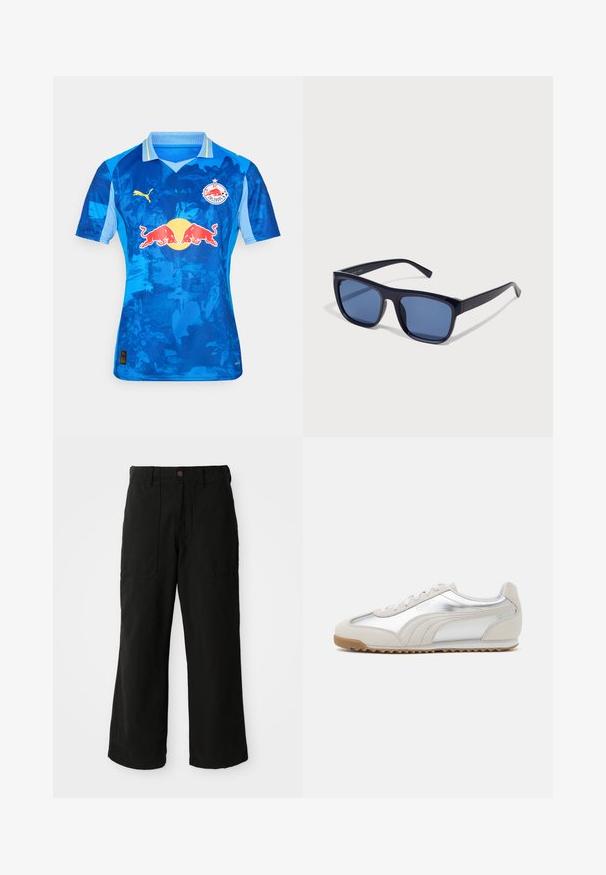 Niebieska koszulka piłkarska z gradientowym wzorem, logo Puma na lewej piersi oraz logo Red Bull na środku. Krótkie rękawy i klasyczny kołnierzyk.; Czarne spodnie o szerokich nogawkach, wykonane z miękkiego materiału, z przednimi kieszeniami i zapięciem na guzik w talii. Minimalistyczny design bez widocznych wzorów.; Sneakers z metaliczną syntetyczną cholewką i beżowymi zamszowymi akcentami, z gumową podeszwą i białymi detalami szewnymi. Klasyczny sportowy design.; Czarne plastikowe okulary przeciwsłoneczne z prostokątnymi oprawkami, niebieskimi soczewkami i cienkimi zausznikami, z błyszczącym wykończeniem.