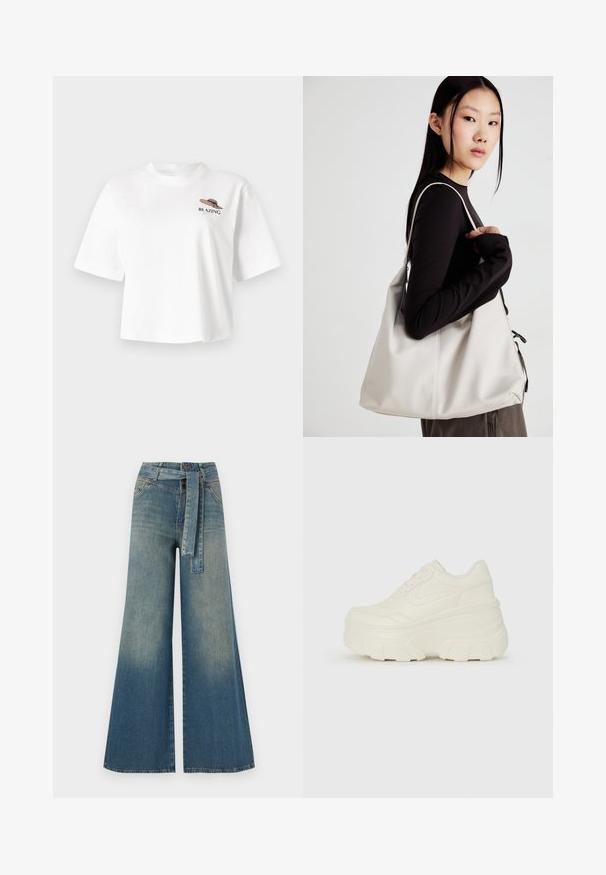 Valge lühikese varrukaga t-särk, millel on graafika mütsist, millel on musta ja rohelise tikandiga sõna "BLAZING" rinnal.; Laiad denimpüksid, millel on hele tume sinine gradiendiefekt, kõrge vöökoht, vöökumlid ja sobivast kangast vöö. Struktureeritud denimi viimistlus.; Valged platvormi tõusukingad, millel on siledast nahast meenutav pealis, ümar kuju, pehmendatud kaelus ja tekstureeritud kummitald koos selgete hüdrofoobsete mustritega.; Bež käekott pehme materjali, millel on lõtv disain, õmblustega detailid ja kaks õlarihma. Sobib igapäevaseks kasutamiseks.