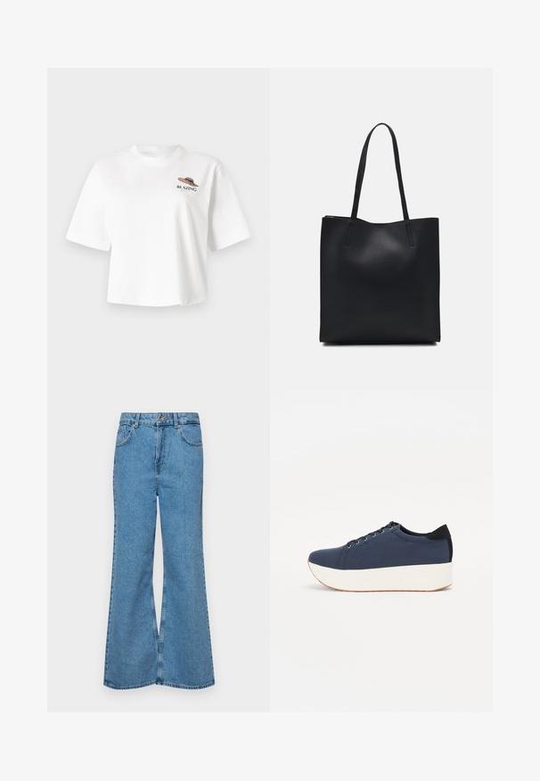 Camiseta blanca de manga corta con un gráfico de un sombrero y la palabra "BLAZING" bordada en negro y verde en el pecho.; Jeans acampanados de color azul claro hechos de denim, con una cintura alta, cinco bolsillos y un cierre de botón. Textura suave con acabado desgastado.; Zapatilla de color azul marino con parte superior de tejido texturizado, suela de plataforma blanca, punta redondeada y acento en el talón negro. Cuenta con seis ojales para los cordones.; Bolso tote de cuero negro con textura lisa, forma rectangular y dos asas largas. Sin herrajes ni adornos visibles.