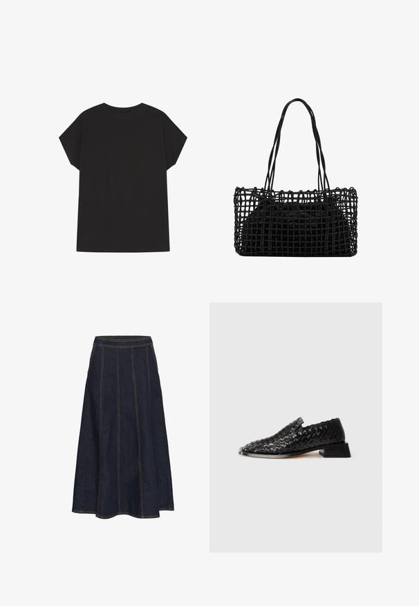 Camiseta negra de manga corta hecha de algodón, con un diseño sencillo, corte relajado y escote curvado. No hay patrones ni acentos visibles.; Falda A de mezclilla oscura con una cinturilla ancha, costuras visibles y un dobladillo acampanado. No tiene bolsillos ni adornos.; Zapato slip-on de cuero negro trenzado con tacón bajo y detalle de borde ondulado, presentado sobre un fondo blanco.; Bolso de mano negro tejido con un diseño de red abierta y dos asas largas. Cuenta con un interior de bolsa negra sólida para almacenamiento.