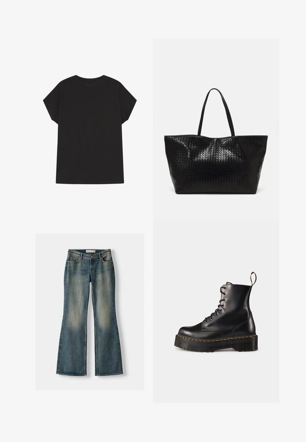 Schwarzes T-Shirt mit kurzen Ärmeln aus Baumwolle, mit einem schlichten Design, lässiger Passform und abgerundetem Ausschnitt. Keine Muster oder Akzente sichtbar.; Blaue Schlagjeans mit einem ausgewaschenen Look, fünf Taschen und einem Knopfverschluss. Das Material zeigt eine Denim-Textur mit dezenten Stickdetails.; Schwarze Leder-Schnürstiefel mit knöchelhohem Schaft, einer robusten schwarzen Sohle und gelben Nähten. Verfügt über eine Lasche hinten und runde Metallösen.; Schwarze geflochtene Tragetasche mit zwei stabilen Griffen, die eine glänzende Textur und ein geräumiges offenes Design bietet.