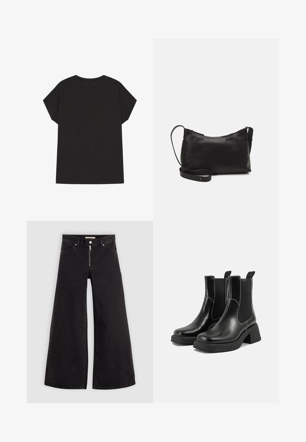 Čierne tričko s krátkym rukávom vyrobené z bavlny, s jednoduchým dizajnom, voľným strihom a zakriveným výstrihom. Žiadne vzory ani akcenty nevidno.; Dlhé nohavice vo voľnom strihu z čierneho denimu so zipsom vpredu, päť vrecúškovým dizajnom a jemnými stehovými detailmi. Hladká textúra a neformálny štýl.; Čierne kožené Chelsea čižmy s robustným podpätkom, elastickými bočnými panelmi a kontrastným bielym prešívaním. Textúrovaný povrch.; Čierna kožená ramenná taška s hladkou textúrou, zakriveným tvarom, nastaviteľným popruhom a zipsom. Minimalistický dizajn bez ozdôb.