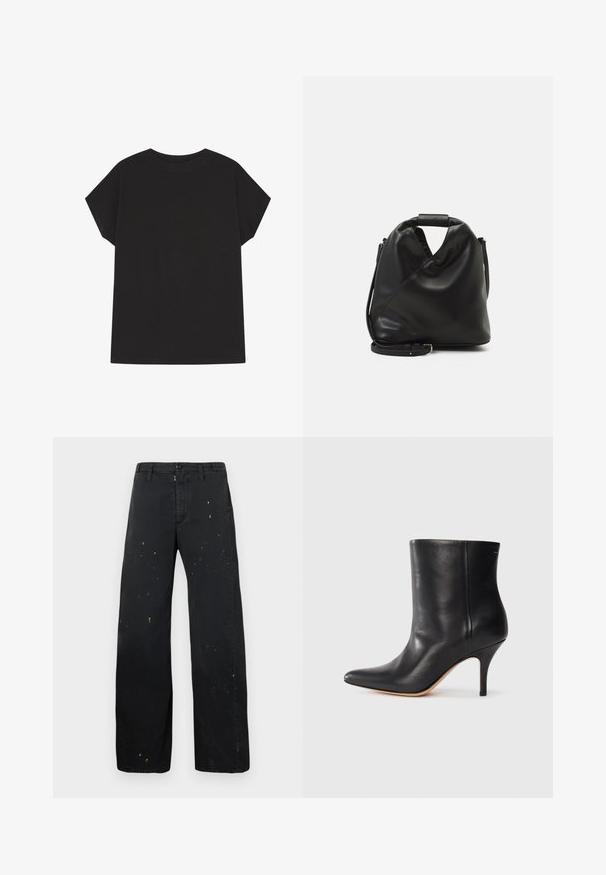 Černé tričko s krátkým rukávem vyrobené z bavlny, s jednoduchým designem, volným střihem a zakřiveným výstřihem. Žádné vzory ani akcenty viditelné.; MM6 Maison Margiela PANTS - Džíny Relaxed Fit - black; Černá kožená kotníková bota s špičatou špičkou, štíhlým jehlovým podpatkem a hladkým povrchem. Minimalistický design bez viditelného hardwaru nebo akcentů.; Černá, měkká kožená taška s unikátním zkrouceným designem. Obsahuje krátkou rukojeť a odnímatelný ramenní popruh. Minimalistický styl.