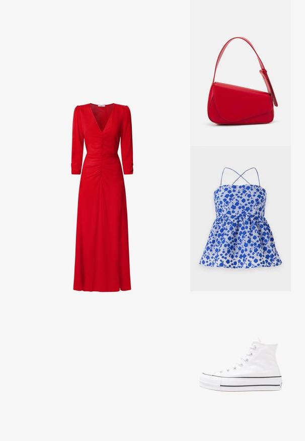 Mėlyna gėlių rašto palaidinė su petnešomis, surinkta juosmens vieta ir išplatintu apvadu. Pagaminta iš lengvos medžiagos. Puikuojasi mažomis mėlynomis gėlėmis šviesiame fone.; Raudona suknelė su V formos iškirpte, trimis ketvirtadaliais rankovėmis ir susiraukšlėjimo detalėmis juosmens ir nugaros srityse. Audinys atrodo lygus ir lengvas.; Balti aukštakulniai drobės sportbačiai su juodu guminio pado, priekinio guminio piršto dangteliu ir šešiais akytėmis raištams, pasižymintys švariu, minimalistiniu dizainu.; Raudona odinė rankinė su kampuota, geometrine forma. Pasižymi viena reguliuojama dirželiu ir dangteliu su siuvinėtais dekoracijomis.