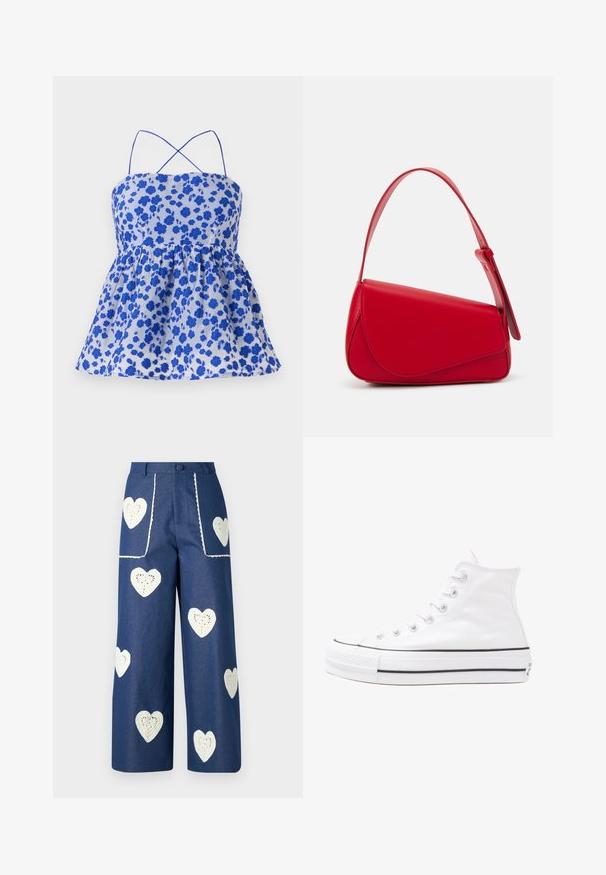 Mėlyna gėlių rašto palaidinė su petnešomis, surinkta juosmens vieta ir išplatintu apvadu. Pagaminta iš lengvos medžiagos. Puikuojasi mažomis mėlynomis gėlėmis šviesiame fone.; Gėlių bluzonas su ilgomis pūkuotomis rankovėmis, šviesiai kreminiu pagrindu, su violetiniais, oranžiniais ir žaliais gėlių raštais bei klasikiniu apykaklės dizainu.; Sister Jane HEART TO HEART - Tiesaus kirpimo džinsai - blue denim; Balti aukštakulniai drobės sportbačiai su juodu guminio pado, priekinio guminio piršto dangteliu ir šešiais akytėmis raištams, pasižymintys švariu, minimalistiniu dizainu.; Raudona odinė rankinė su kampuota, geometrine forma. Pasižymi viena reguliuojama dirželiu ir dangteliu su siuvinėtais dekoracijomis.