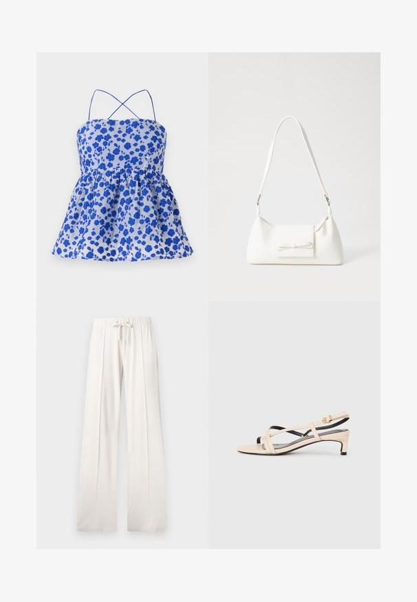 Zila ziedu raksta blūze ar plānām siksnām, savelktu jostasvietu un izplestu apakšmalu. Izgatavota no viegla auduma. Ar nelieliem ziliem ziediem uz gaiša fona.; Gai krēmo krāsas sporta bikses, kas izgatavotas no mīksta auduma, ar auklu jostu, platām kājām un vertikālajām šuvēm, ar gludu tekstūru.; Bežīgas ādas siksniņu sandalēs ar sakrustotām siksnām, zemu papēdi un melniem akcentiem. Gluda tekstūra un minimālistisks dizains.; Balta sintētiska soma ar trīsstūrveida formu, plakanu priekšējo vāciņu un loku detaļu, regulējamu siksnu, gludu tekstūru un minimālistisku dizainu.