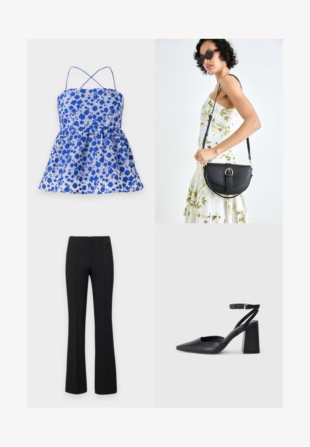 Kék virágmintás felső, pántos kivitelben, ráncolt derékrésszel és bővülő aljjal. Könnyű anyagból készült. Kicsi kék virágok díszítik világos háttéren.; Fekete, bővülő szárú nadrág, bordázott textúrával és testhezálló derékkal. A dizájn függőleges varratokat tartalmaz, amelyek karcsúsított megjelenést kölcsönöznek. Nincs látható fémrész.; Fekete bőr, hegyes orrú magassarkú cipő boka pánttal és vastag sarokkal. Sima textúra, elegáns dizájn és minimális esztétika.; Fekete bőrtáska ívelt formával, levehető pánttal és arany színű fémrészekkel. A táskán egy csattal díszített fedél található.