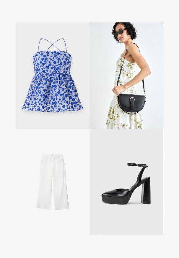 Modrý květinový top s tenkými ramínky, se shromážděným pasem a rozšířeným lemem. Vyrobeno z lehkého materiálu. Obsahuje malé modré květy na světlém pozadí.; Bílé široké kalhoty vyrobené z měkké látky, které mají pružný pas a dvě přední kapsy. Hladký povrch a žádné viditelné vzory.; Černé platformové podpatky s špičatou špičkou a nastavitelným kotníkovým popruhem. Vyrobeny z hladké kůže, s masivním blokovým podpatkem.; Černá kožená kabelka s křivkovým tvarem, odnímatelným popruhem a zlatými detaily. Kabelka má klopu s přezkou.