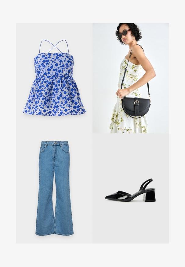 Blå blomsterprint top med spaghetti stropper, samlet talje og udvidet kant. Lavet af letvægtsstof. Har små blå blomster på en lys baggrund.; Lysblå flagrende jeans lavet af denim, med høj talje, fem lommer og en enkelt knaplukning. Blød tekstur med en falmet finish.; Sorte patentlæder slingback hæle med spids tå og en geometrisk blok hæl. Har et elegant, minimalistisk design og en glat tekstur.; Sort læderhåndtaske med en buet form, aftagelig rem og guldfinish. Tasken har en klap med en spænde detalje.
