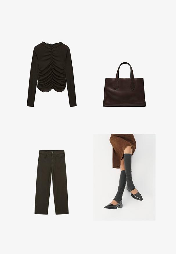 Black long-sleeve top with gathered detailing at the front and scalloped neckline. Made from a soft, stretchy fabric.; Dark green wide-leg jeans made of cotton blend, featuring a front button closure, five pockets, and classic denim stitching.; Black patent leather pointed-toe shoes with a block heel and ankle strap, paired with gray ribbed leg warmers and a brown suede skirt.; Brown leather tote bag with two elongated handles, structured rectangular shape, smooth texture, and subtle stitching details.