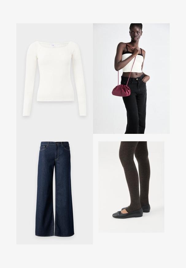 Top blanco de manga larga con canalé y escote cuadrado, hecho de tela suave. Presenta un diseño ajustado y dobladillos sin costuras para un aspecto limpio.; Jeans de pierna ancha en denim azul oscuro. Presenta costuras en contraste, cinco bolsillos y un cierre de botón en la cintura. Textura suave.; Zapatos planos negros con un pequeño lazo en la punta, combinados con medias de punto en marrón oscuro. Los zapatos tienen una textura suave y un perfil bajo.; Bolso de tela suave en burdeos con un diseño fruncido y una correa larga, usado cruzado. La modelo lleva una camiseta corta blanca y jeans negros.