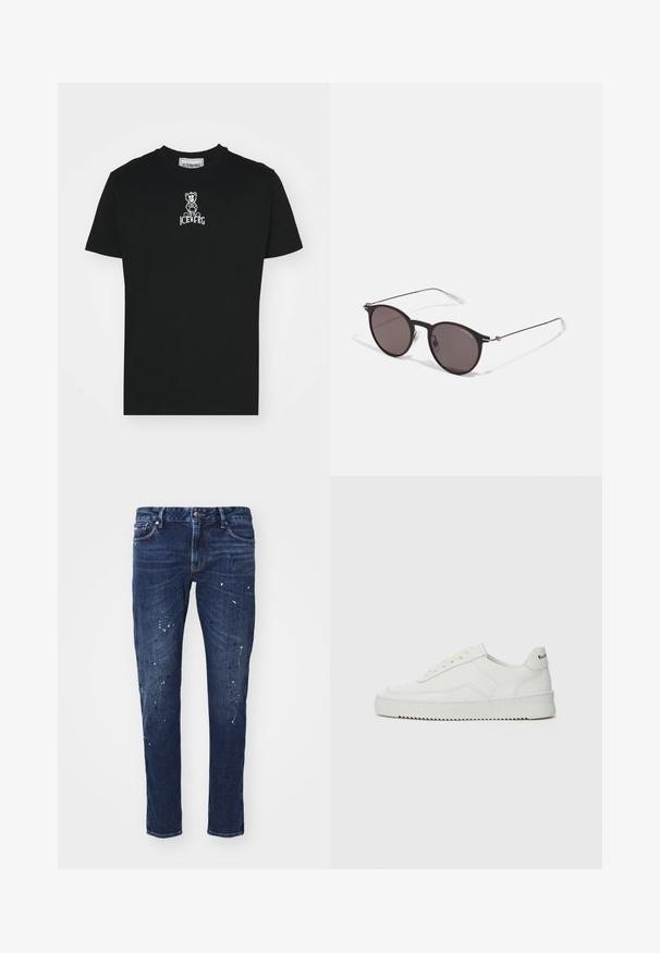 Black cotton t-shirt featuring a white embroidered bear graphic and "ICEBERG" text beneath. Classic crew neckline and short sleeves.; Dark blue denim jeans with a slim fit, featuring paint splatters, visible stitching, and standard five-pocket design. Straight leg cut.; White leather sneaker with a smooth finish, round toe, flat laces, and a textured sole. Features a subtle logo on the heel.; Black round sunglasses with dark lenses and slim metal arms. Includes clear temple tips and silver accents at the hinge. Minimalist design.