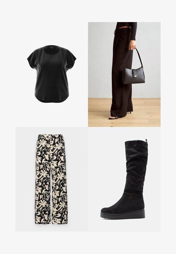 Zwarte top met korte mouwen en ronde halslijn, gemaakt van ribbelstof. Heeft een relaxte pasvorm en een ronde zoom aan de onderkant.; Zwarte wijde broek met een crèmekleurig bloemenpatroon. Gemaakt van lichtgewicht stof, met een zachte textuur en een hoge tailleband.; Zwarte suède kniehoge laarzen met een verslapen ontwerp, ronde neus en een dikke platformzool met geribbelde details.; Zwarte handtas met gestructureerde vorm, gladde textuur en een metalen sluiting. Gecombineerd met brede zwarte broeken en sandalen met open teen op een houten vloer.