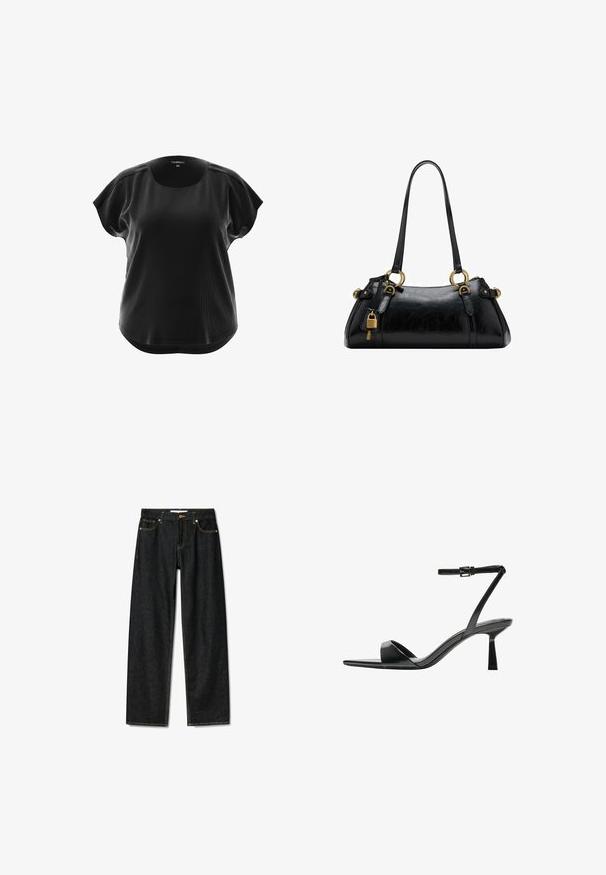 Black short-sleeve top with a round neckline, made from ribbed fabric. Features a relaxed fit and a curved hem at the bottom.; Dark denim jeans with a straight-cut design, brass button closure, and contrasting yellow stitching. Features five pockets and a classic fit.; Bershka High heeled sandals - black; Black leather handbag with a smooth texture, rounded shape, gold hardware accents, and dual handles. Features a decorative lock on the side.