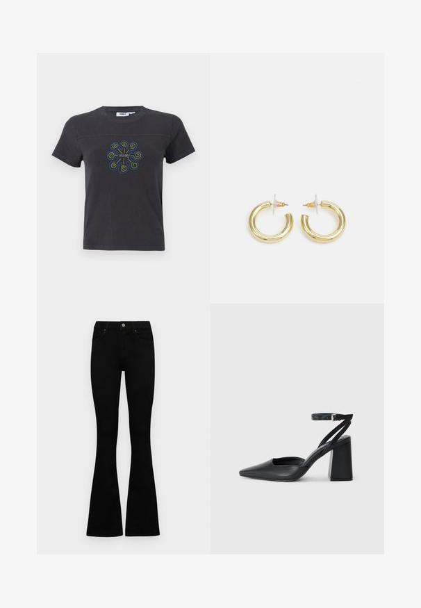 Čierne bavlnené tričko s krátkymi rukávmi, s farebným špirálovým vzorom a logom v strede. Okrúhly výstrih, voľný strih.; Čierne vysoké nohavice s gombíkom a zipsom, predné vrecká a rozšírené nohavice položené na bielom pozadí.; Čierne kožené lodičky s špicatou špičkou a členkovým remienkom, s masívnym podpätkom. Hladký povrch, elegantný dizajn a minimalistická estetika.; Zlaté kruhové náušnice s hladkým, lesklým povrchom. Cirkulárny dizajn s malým steblom a jasným záznamom pre bezpečné nosenie.