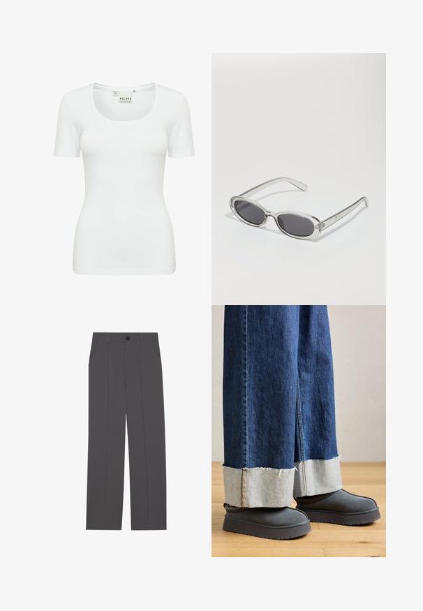 Witte t-shirt met korte mouwen, gemaakt van rekbaar materiaal, met een ronde hals en een slimfit ontwerp. Het heeft een gladde textuur en geen zichtbare patronen.; Grijze broek met een recht model, voorzien van twee zijzakken en een knoopsluiting. Gladde stof zonder zichtbare patronen of accenten.; Wijd-uitlopende denim jeans met een rafelige zoom, voorzien van een contrasterende licht denim manchet. Gepaarde met grijze suède laarzen met een dikke zool.; Zonnebril met een ovale vorm, helder plastic montuur, donkergrijze glazen en dunne transparante pootjes met logo-accenten en minimale details.; Zwarte tote tas van glad leer, met een gebogen, open bovenkant en twee schouderbanden, en een minimalistisch ontwerp.