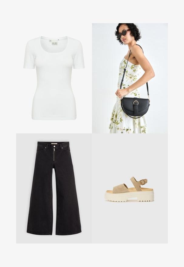 Valkoinen lyhythihainen t-paita, joka on valmistettu joustavasta kankaasta, jossa on pyöreä kaula-aukko ja slim fit -malli. Paidoissa on sileä pinta eikä niissä ole näkyviä kuvioita.; Mustat leveälahkeiset farkut, joissa on vetoketjufrunti, viisi-taskuinen muotoilu ja hienovaraiset ompelusyyt. Sileä pinta ja rento tyyli.; Sandaalit beigessä nubukissa, joissa on leveä nauha ja säädettävä nilkkakiinnitys. Paksu valkoinen pohja, jossa on teksturoitu pinta pidon varmistamiseksi.; Musta nahkainen käsilaukku, joka on kaareva muotoilultaan, irrotettavalla hihnalla ja kultaisilla yksityiskohdilla. Laukussa on läppä, jossa on solk yksityiskohta.