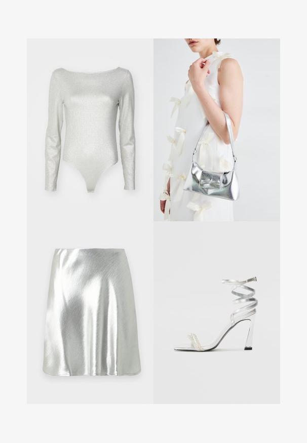 Silver långärmad bodysuit med båthals, tillverkad av ett glittrande stretchmaterial, med en figurnära siluett och trosliknande nederdel.; Silverfärgad metallic minikjol med slät textur och en lätt glans. Har en utsvängd design och en enkel, ren avklippt fåll.; Silver högklackad sandal med en glänsande remdesign, som har en pärlliknande detalj och en spiralformad vristrem för ett säkert grepp.; Silver metallic handväska med en strukturerad form, utrustad med ett handtag upptill och en rosettdetalj på framsidan. Slät textur, reflekterande finish.