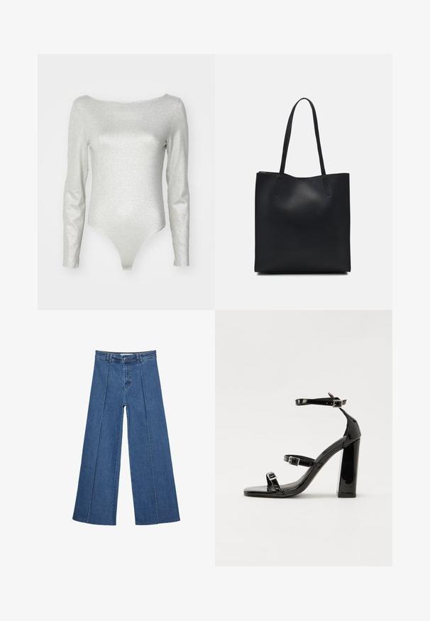 Silberner Body mit langen Ärmeln und Bootsausschnitt, hergestellt aus glitzerndem Stretchmaterial, mit einer figurnahen Silhouette und brasilianischem Schnitt.; Weite Jeans aus Denim in Mittelblau, mit hoher Taille, Knopfverschluss und kontrastierenden vertikalen Nahtdetails an der Vorderseite.; Schwarze patentierte Sandalen mit Absatz, quadratischer Spitze, Knöchelriemen und silbernen Schnallen. Mit einem stabilen Blockabsatz für mehr Stabilität.; Schwarze Laptoptasche aus Leder mit glatter Textur, rechteckiger Form und zwei langen Griffen. Keine sichtbaren Beschläge oder Verzierungen.