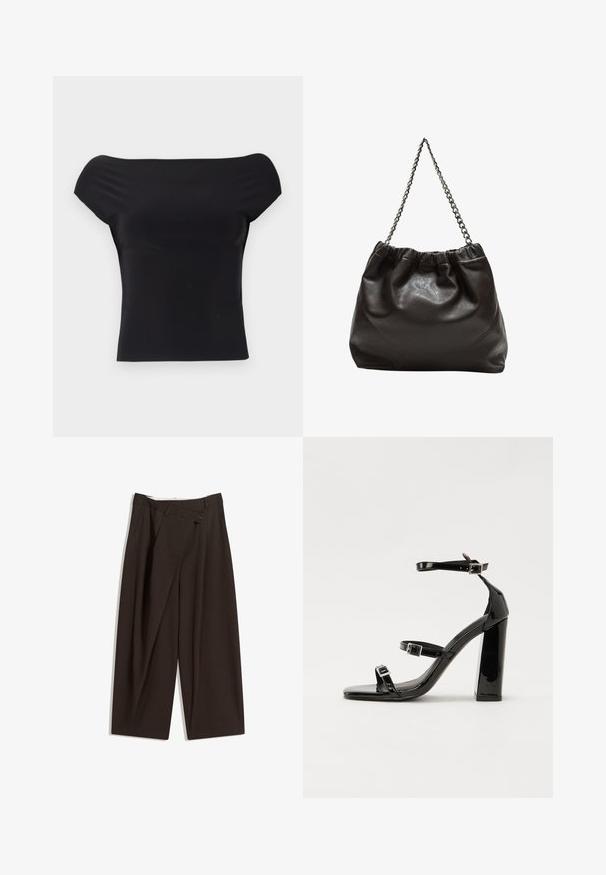 BDG Urban Outfitters - T-shirt basic; Ciemnobrązowe szerokie spodnie o wysokim stanie, z pojedynczym zapięciem na guzik i plisowanym przodem. Wykonane z lekkiego materiału.; Czarne lakierowane sandały na obcasie z kwadratowym noskiem, z paskami wokół kostki i srebrnymi klamrami. Posiadają masywny słupek dla stabilności.; Brązowa skórzana torba z marszczonym szczytem i łańcuszkowym paskiem. Gładka tekstura z błyszczącym wykończeniem i subtelnymi detalami szwów po bokach.