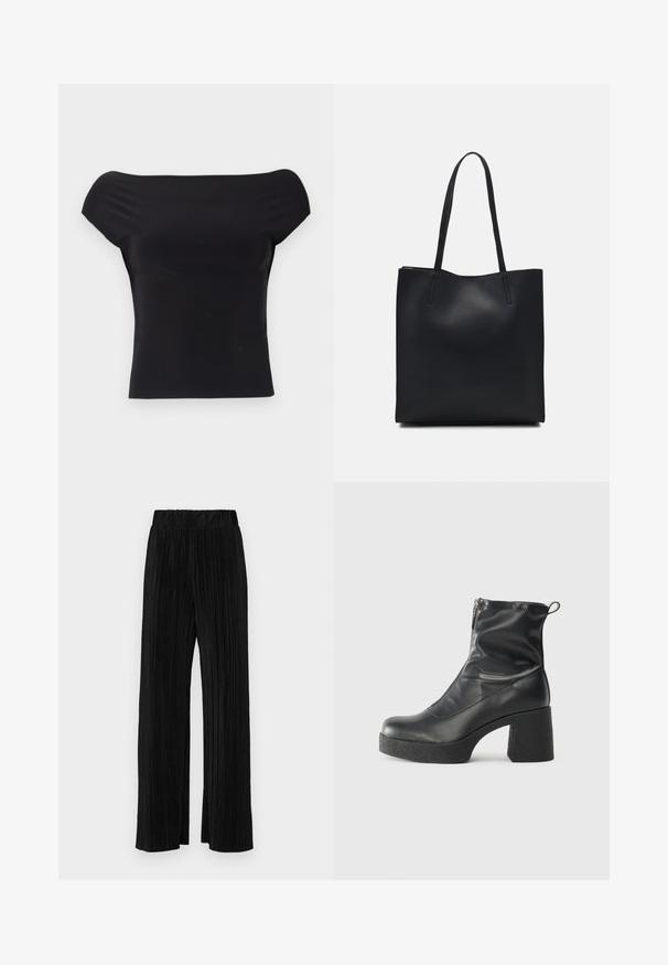 BDG Urban Outfitters CAP SLEEVE BACKLESS - Camiseta básica - black; Pantalones negros de pliegues con una cintura elástica. Presentan piernas anchas y una tela suave y texturada con rayas verticales.; Botines negros de tobillo, hechos de cuero suave, con cierre lateral, tacón grueso texturizado y diseño de punta redondeada.; Bolso tote de cuero negro con textura lisa, forma rectangular y dos asas largas. Sin herrajes ni adornos visibles.