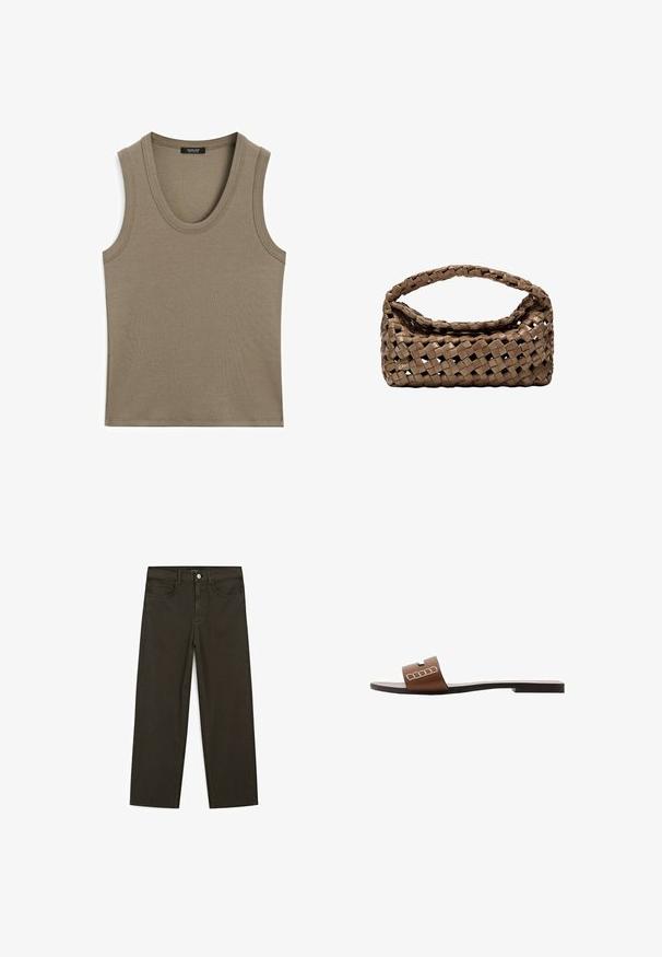 Tanktop in aardetaupe-kleur, gemaakt van ribbelmateriaal. Heeft een ronde hals en geen mouwen, met schone randen en minimale details.; Donkergroene wijde jeans van een katoenmix, met een sluiting met een voorste knop, vijf zakken en klassieke denimstiksels.; Bruine leren slip-on sandalen met een platte zool, voorzien van een brede band en witte geometrische accenten voor een minimalistisch ontwerp.; Geweven bruine handtas met een rechthoekige vorm, gestructureerd handvat en een textuurrijk oppervlak. Heeft een gesloten bovenkant en een ingewikkeld vlechtpatroon.