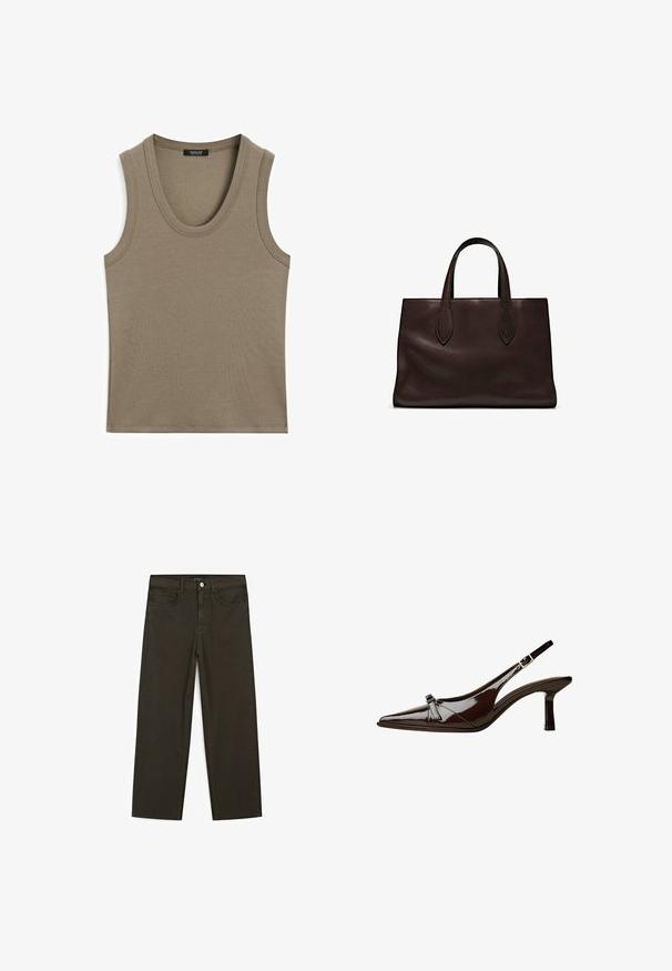 Tanktop in aardetaupe-kleur, gemaakt van ribbelmateriaal. Heeft een ronde hals en geen mouwen, met schone randen en minimale details.; Donkergroene wijde jeans van een katoenmix, met een sluiting met een voorste knop, vijf zakken en klassieke denimstiksels.; Bruine gepatineerde leren slingback schoen met een spitse neus, lage hak en een decoratieve strikaccent aan de voorkant. Glad, glanzend oppervlak.; Bruine leren tote bag met twee verlengde handvatten, gestructureerde rechthoekige vorm, gladde textuur en subtiele stiksels.