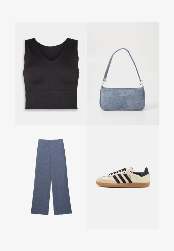 Crna rebrasta kratka majica s V-izrezom i prilagođenim dizajnom. Materijal je rastezljiv, pružajući usku prilagodbu i glatku teksturu.; Plave široke hlače s teksturom i rebrastim dizajnom, s visokim strukom i slobodnim krojem, prikladne za ležernu odjeću.; Bež sportski cipela s crnim prugama, gumeni potplat i crni dodaci. Ima glatku kožnu gornju stranu i dizajn s zaobljenim vrhom.; Denim torba u svijetloplavoj boji, pravokutnog oblika, s jednim remenom i srebrnim detaljima. Ima istaknut CK logo sprijeda.
