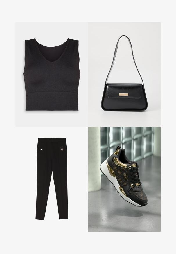 Top corto nero a coste con scollatura a V e design aderente. Il materiale è elasticizzato, offrendo una vestibilità aderente e una texture liscia.; Pantaloni neri su misura con una texture liscia, dotati di due tasche frontali con accenti di hardware decorativo e un design slim-fit.; Sneaker nera con accenti dorati, caratterizzata da un motivo logo testurizzato, dettagli metallici e una suola bianca imbottita.; Borsa a mano in pelle nera con una forma triangolare strutturata, fasciatura sottile e finiture dorate con una placca con logo sul flap anteriore.