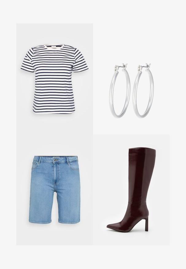 T-shirt blanc avec des rayures horizontales bleu marine, encolure ronde, manches courtes et une coupe décontractée et ample. Tissu en coton lisse, sans embellissements visibles.; Chemise en denim bleu clair à manches courtes, dotée de deux poches avant et ornée de petits clous en argent partout.; Shorts en denim bleu clair avec une coupe classique, dotés d'une fermeture à bouton à l'avant, de passants de ceinture et de deux poches latérales. Texture lisse et ourlet droit.; Even&Odd Bottes - dark red; Boucles d'oreilles en argent avec une finition lisse et polie. Forme ronde et fermeture à clip sécurisée. Design léger adapté pour un port quotidien.