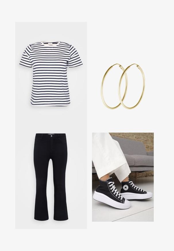 Valkoinen t-paita, jossa on vaakasuoria tummansinisiä raitoja, pyöreä kaula-aukko, lyhyet hihat ja rento, löysä malli. Pehmeä puuvillakangas, ilman näkyviä koristeita.; ONLY Carmakoma CARTHUNDER PUSH UP - Flared-farkut - black denim; Mustat kangaskengät korkealla varrella, joissa on valkoiset kumipohjat ja nauhat. Sivussa on pyöreä logo ja kontrastiväriset valkoiset tikkausommellut.; Kullanışlı, pürüzsüz bir tasarıma ve parlak bir yüzeye sahip altın halkalı küpeler. Hafif yapısı ile güvenli bir toka kapama mekanizması mevcut.