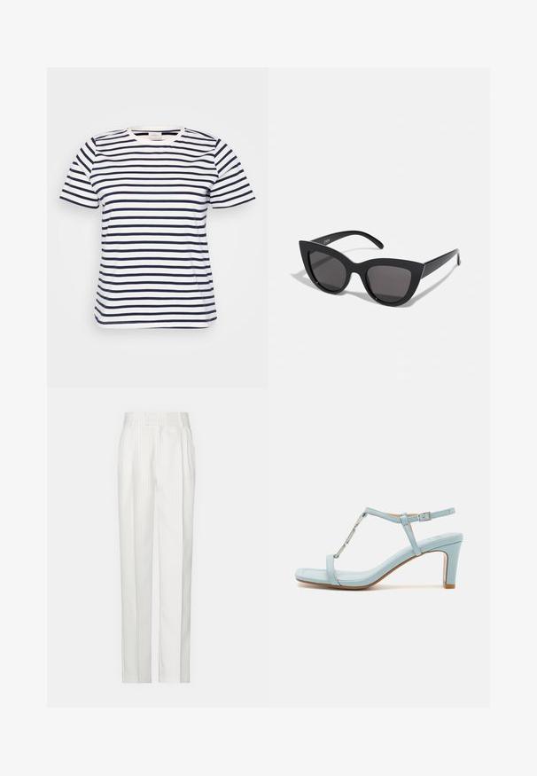 Weißes T-Shirt mit horizontalen Marineblauen Streifen, Rundhalsausschnitt, kurzen Ärmeln und einer lässigen, lockeren Passform. Glattes Baumwollgewebe, keine sichtbaren Verzierungen.; Weiße Nadelstreifen-Hosen mit geradem Bein, aus leichtem Material gefertigt. Verfügt über Falten an der Vorderseite und einen traditionellen Taillenbund.; Hellesblaues, knöchelgebundenes, hochhackiges Sandalenmodell mit quadratischem Zehenbereich, das über einen metallischen Akzent und eine elegante, glatte Ledertextur verfügt.; Schwarze Cat-Eye-Sonnenbrille mit matter Oberfläche, grauen getönten Gläsern, scharfen Kanten und schlanken Bügeln. Der Markenname ist auf dem inneren Bügel sichtbar.