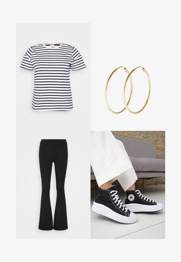 White t-shirt with horizontal navy stripes, round neckline, short sleeves, and a casual, loose fit. Smooth cotton fabric, no visible embellishments.; Black flared pants made of stretchy fabric, featuring a high waistband and a smooth texture. The pants flare out from the knee.; Black high-top sneakers with white rubber soles and laces. Features a round logo patch and contrasting white stitching. Canvas material.; Gold hoop earrings featuring a smooth, rounded design with a shiny finish. Lightweight construction with a secure clasp closure.