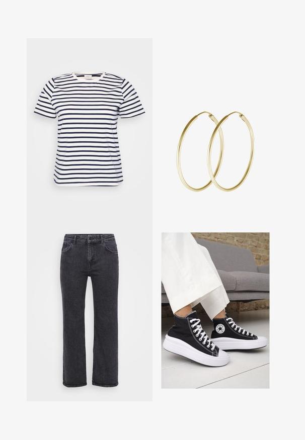 Balts T-krekls ar horizontālām tumši ziliem svītrainiem, apaļa kakla izgriezums, īsas piedurknes un brīvs, ikdienišķs piegriezums. Gluda kokvilnas auduma, bez redzamām rotājumiem.; Melnas denim bikses ar taisno kāju dizainu, piecu kabatu un pogas aizdari. Audumam ir nedaudz izbalēta tekstūra un izturīga šuvuma.; Melni kanvas augstpapēžu apavi ar baltām gumijas zolēm un auklām. Ievērojams aplis logotips sānos un kontrastējoša balta šuvums.; Zelta auskari ar gludu, noapaļu dizainu un spīdīgu apdari. Viegls izpildījums ar drošu aizdari.