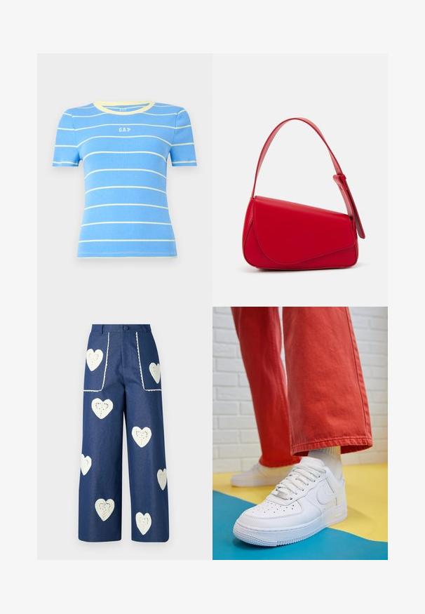 Blå kortärmad topp med horisontella gula ränder, ribbat mönster och rundad halsringning. Har en liten "GAP"-logotyp fram.; Sister Jane HEART TO HEART - Jeans straight leg - blue denim; Vita lädersneakers med perforerat tåparti, texturerad sula och vita snören, kombinerat med vida röda byxor och en blå och gul bakgrund.; Röd läderhandväska med en vinkelrät, geometrisk design. Har ett justerbart axelband och en klaffstängning med sydda detaljer.