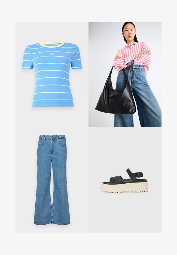 Zila īsu piedurkņu blūze ar horizontālām dzeltenām svītrām, ribota tekstūra un apļveida kakla izgriezums. Uz priekšējās puses ir neliels "GAP" logo.; Gaiši zili, platā piegriezuma džinsi, kas izgatavoti no denima, ar augstu jostasvietu, piecām kabatām un vienu pogu. Mīksta tekstūra ar nolietotu apdari.; Melnas zamšādas platformas sandales ar masīvu baltu zoli, plašu priekšējo siksnu un regulējamu potītes sprādzi. Rievojuma zole labākai saķerei.; Melnas ādas plecu soma ar vaļīgu formu un šuvju detaļām. Modelis valkā rozā un baltu svītrainu kreklu ar plaša kāju ziliem džinsiem.