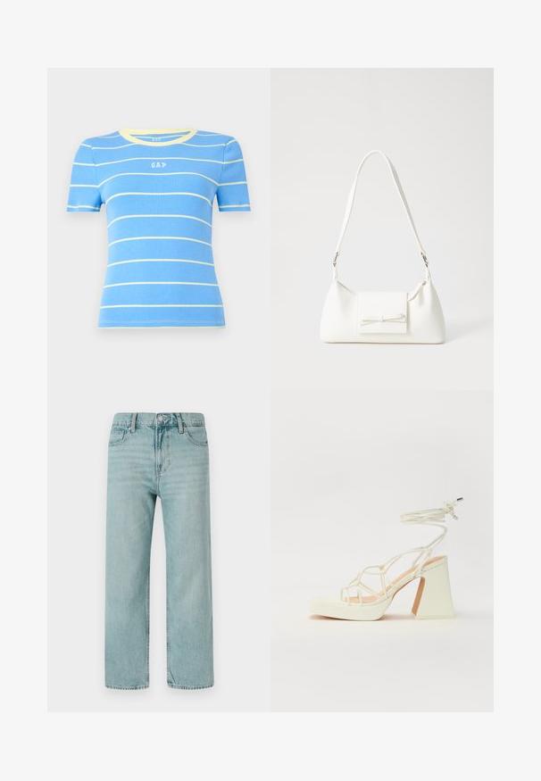 Top corto azul de mangas cortas con rayas amarillas horizontales, textura acanalada y cuello redondo. Presenta un pequeño logo de "GAP" en la parte frontal.; Jeans de corte ancho en azul claro, confeccionados en denim, con un diseño clásico de cinco bolsillos, líneas limpias y una cinturilla regular con cierre de botón.; Sandalia de tacón alto blanca con un tacón grueso, que presenta un diseño de tiras y un lazo en el tobillo. Textura suave con una plataforma en la parte delantera para mayor altura.; Bolso sintético blanco con forma triangular, tapa frontal plana y detalle de lazo, correa ajustable, textura suave y diseño minimalista.