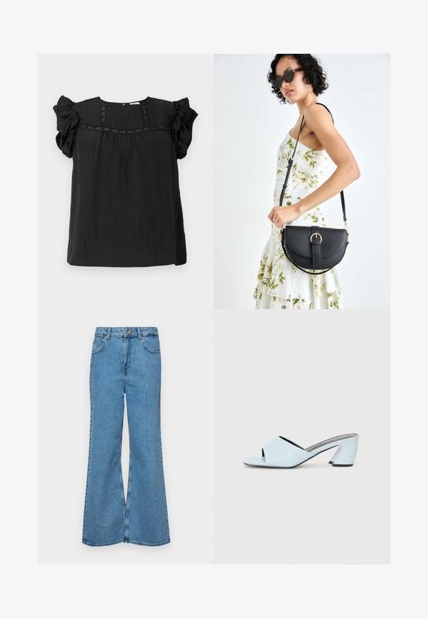 Fekete blúz rövid fodros ujjal, texturált anyagból, rakott részletekkel elöl, és laza, bő fazonnal.; Világoskék, trapézszárú farmernadrág, magas derékkal, öt zsebbel és egy gombos záródással. Puha tapintású, magasított effektusú anyag.; Világoskék, nyitott orrú, sarkú mules cipő geometrikus mintázattal, széles pánttal a lábfejen és tömzsi, szögletes sarkal.; Fekete bőrtáska ívelt formával, levehető pánttal és arany színű fémrészekkel. A táskán egy csattal díszített fedél található.