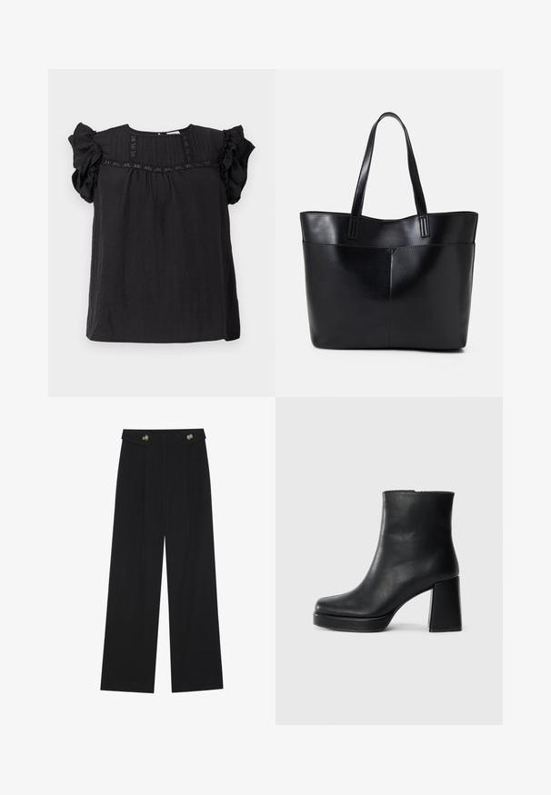Bluză neagră cu mâneci scurte cu volane, țesătură texturată, detalii plise în față și un croi relaxat, lejer.; Pantaloni negri cu picioare largi, talie înaltă, detalii cu butoane pe talie și pliseuri în față.; Botină din piele neagră, cu toc pătrat și talpă platformă, văzută din lateral pe un fundal alb simplu.; Geantă oversized din piele neagră, cu două mânere lungi, de textură netedă și formă structurată. Are un buzunar frontal pentru stocare suplimentară.