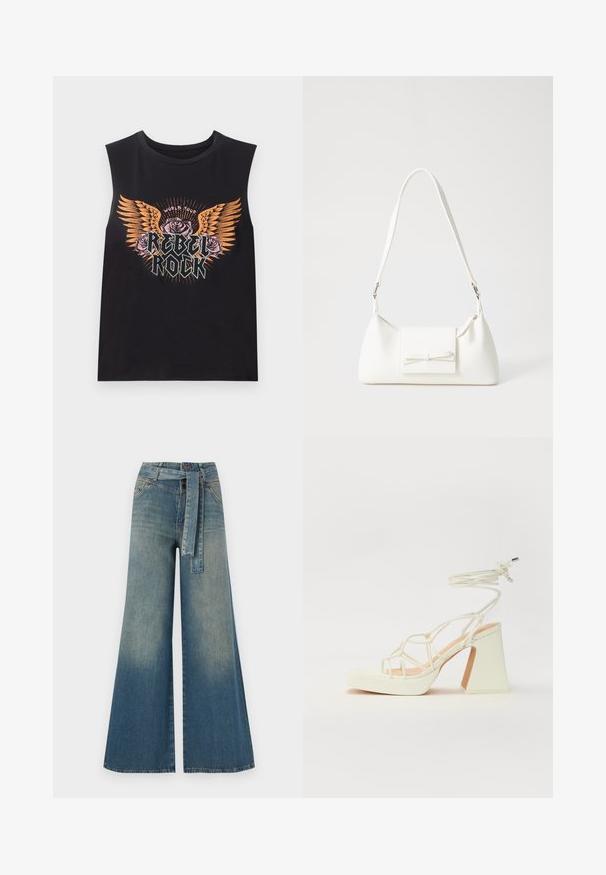 Must have roosa varvitu graafikuga must ilmavarrukatega puuvillane t-särk, millel on tiivad, roosid ja tekst "REBEL ROCK". Ümmargune kaelus ja vabalt langev mudel.; Laiad denimpüksid, millel on hele tume sinine gradiendiefekt, kõrge vöökoht, vöökumlid ja sobivast kangast vöö. Struktureeritud denimi viimistlus.; Valged kõrge kontsaga sandaalid, millel on paks konts ja rihmadega disain koos pahkluu sidumisega. Sile tekstuur ja platvorm ees, et lisada kõrgust.; Valge sünteetilisest materjalist kott kolmnurkse kujuga, lame esiklapiga ja kaaredetailiga, reguleeritava rihmaga, sileda tekstuuriga ja minimalistliku disainiga.
