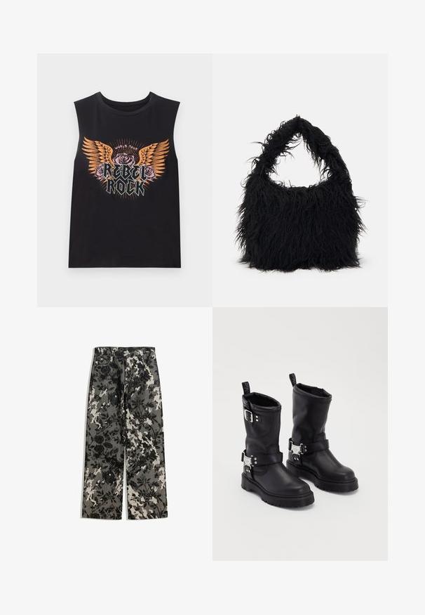 Črna brezrokavna bombažna majica z večbarvnim grafikom, ki vključuje krila, vrtnice in besedilo "REBEL ROCK." Okrogla izreza in sproščen kroj.; Srednje visoke hlače širokih nogavic z teksturiranim črno-belem cvetličnem vzoru na sivi podlagi, ki imajo klasičen pas in sprednje žepe.; Črne usnjene gležnjače z robustnim podplatom, opremljene s stransko zaponko in dekorativno strojno opremo. Gladka tekstura s trakom za pomoč pri obuvanju.; Even&Odd Torba za nakupovanje - black