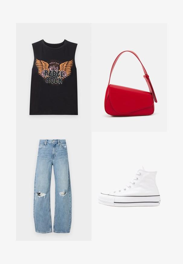 Fekete ujjatlan pamut póló, sokszínű grafikával, szárnyakkal, rózsákkal és a "REBEL ROCK" felirattal. Kerek nyakkivágás, lazább fazon.; Világoskék, magas derekú farmernadrág. Széles lábakkal, két szakadt térddel és klasszikus öt zsebes dizájnnal rendelkezik.; Fehér magaskorsó vászon sportcipő fekete gumi talppal, elülső gumi orrnyereggel és hat fűzőlyukkal, letisztult, minimalista dizájnnal.; Piros bőr kézitáska szögletes, geometrikus kialakítással. Egy állítható pánttal és varrott részletekkel ellátott fedélzárral rendelkezik.